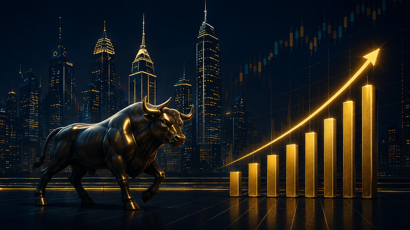 Golden bull charging forward with a rising market chart and city skyline at night